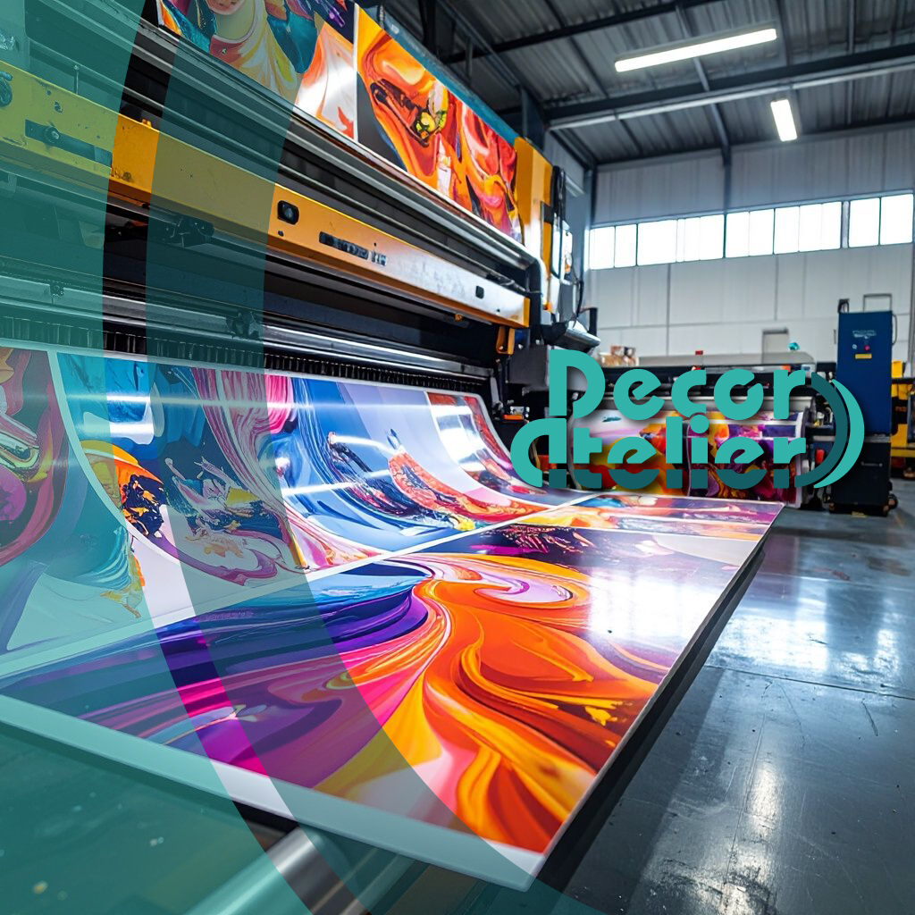 Großformatige Werbeschilder und Vinylfolien-Aufkleber in einer Produktionswerkstatt, Plotter im Hintergrund, scharfe Detailaufnahme